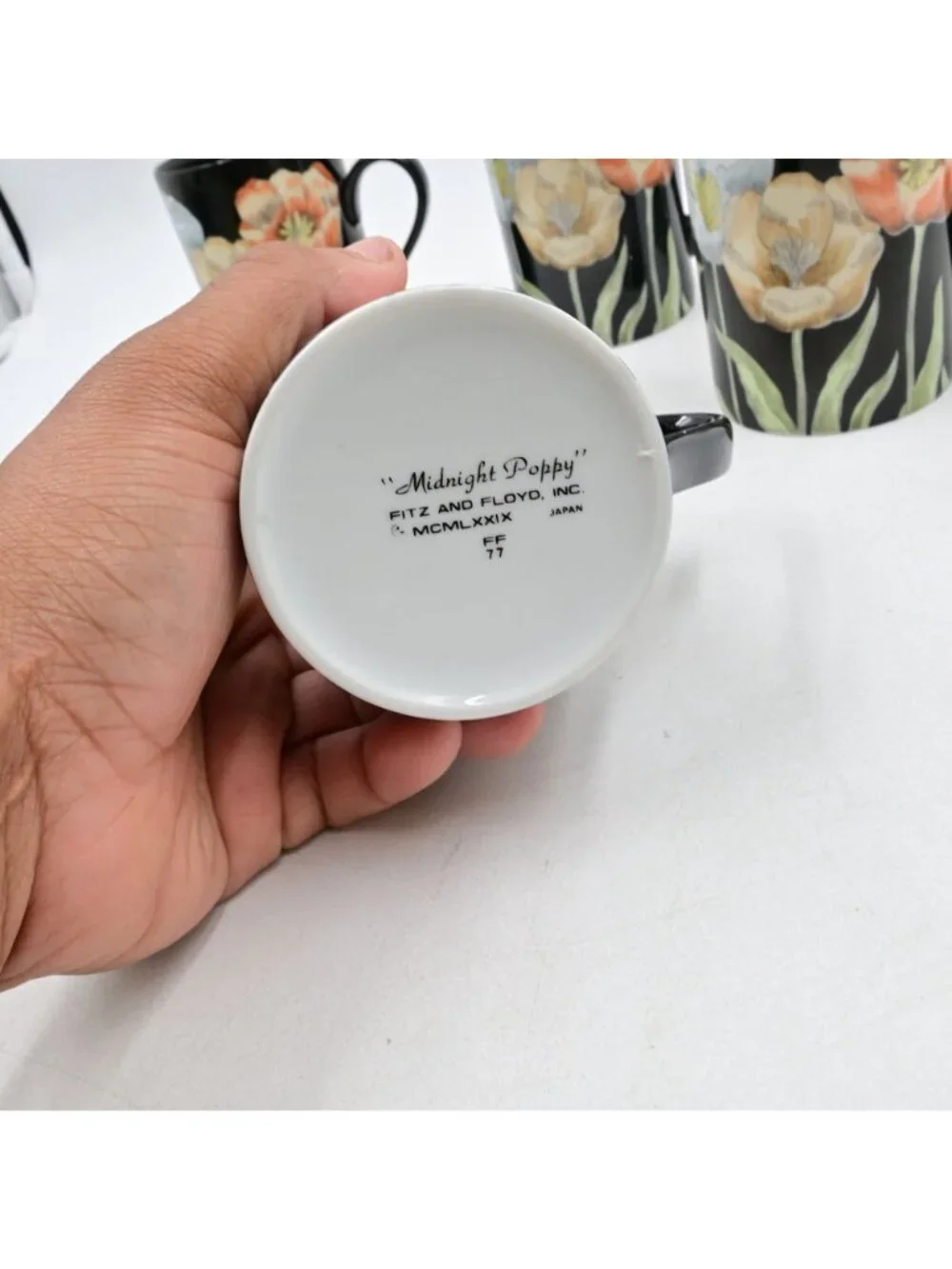 Fitz & Floyd Midnight Poppy Black Ceramic Floral Coffee Mugs Set Of 5
